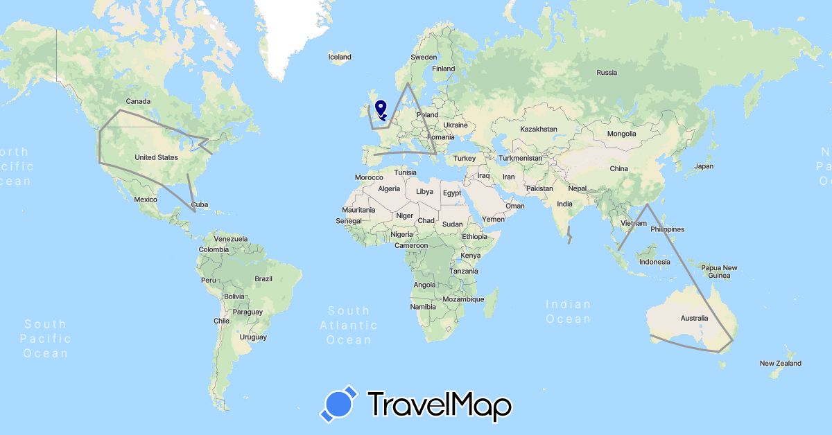 TravelMap itinerary: driving, plane in Australia, Canada, China, Spain, France, United Kingdom, Greece, Ireland, India, Cayman Islands, Sri Lanka, Malaysia, Norway, United States, South Africa (Africa, Asia, Europe, North America, Oceania)